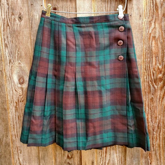 Vintage Dresses & Skirts - Vintage Pure Wool Plaid Tartan Academia Midi Kilt Skirt Pleat Brown Green